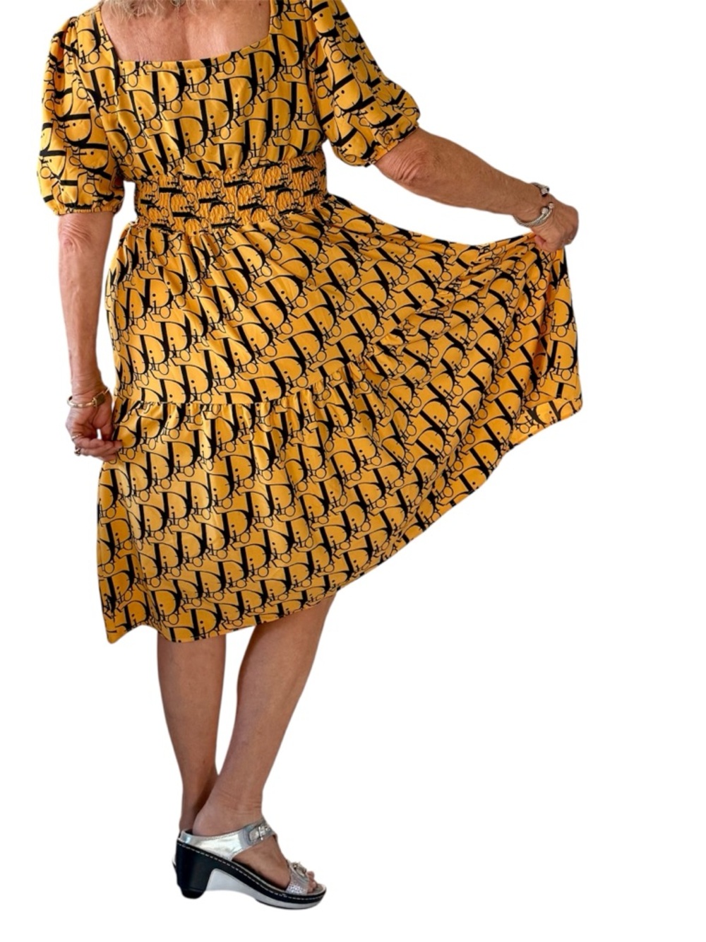 Midi length dress square neck line, mustard yellow & black Dior print fabric - Picture 2 of 15